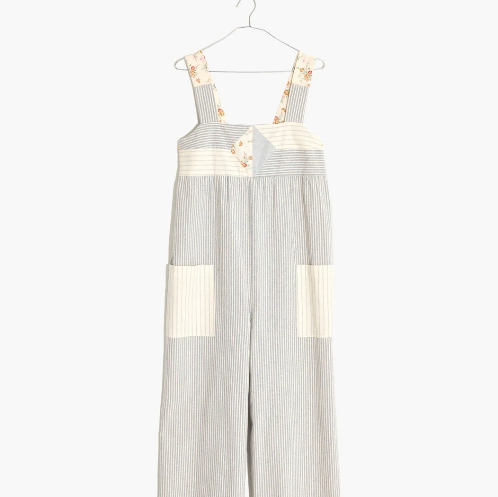 Madewell Blue & White Pinstripe Cotton Jumpsuit with Floral Straps